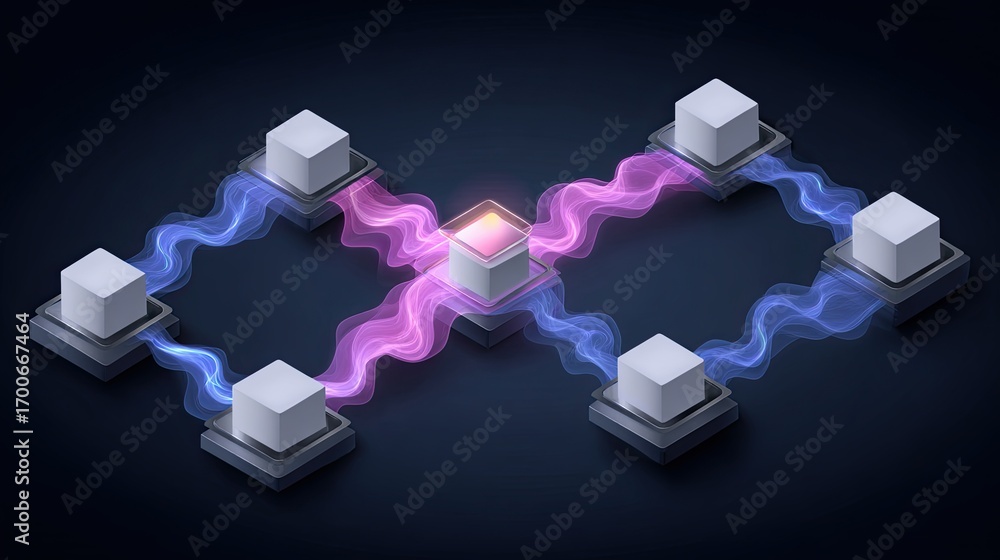 Poster abstract representation of a network or data flow, with interconnected nodes and glowing energy stre