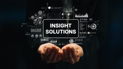 Hands Holding a Digital Interface Displaying Insight Solutions with Graphic Elements in a Professional Setting. Asymptotic smart data analytic.