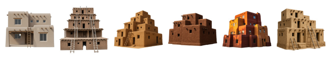 Adobe buildings set including pueblo, traditional, mud brick, and layered structures isolated. Architectural elements collection.