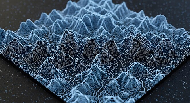 Abstract 3d topographic map with blue and white contour lines on a dark background
