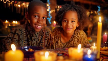 Two smiling children sitting at a festive table with glowing candles during Kwanzaa celebration, symbolizing family, unity, and cultural tradition.