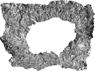 Shiny crumpled aluminum foil frame with central cutout for product placement, creative design element, and unique graphic resource