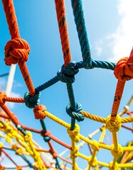 Colorful knotted ropes forming a climbing net against a clear blue sky