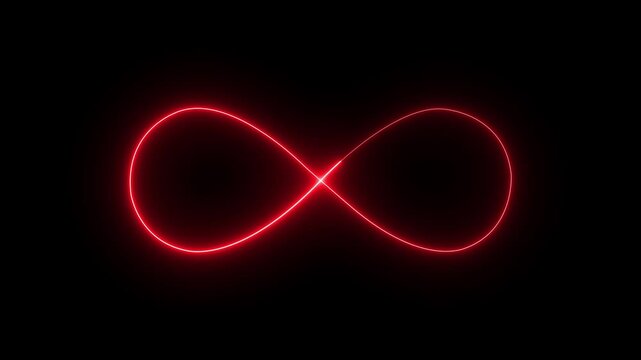 Glowing neon red Infinity symbol icon Animation on Black Background. infinity icon animation. Glowing infinity loop, neon energy flow in darkness. Eternity concept. Mathematical symbol of science.