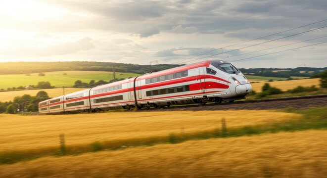 A high-speed train streaks across a golden field, its red and white livery a vibrant contrast against the rural landscape under a dramatic sky. - Powered by Adobe