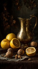 Moody still life of half-peeled citrus fruits, cracked walnuts, and a golden pitcher, strong Rembrandt-style