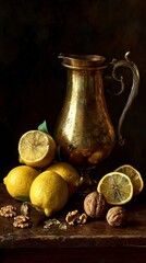 Moody still life of half-peeled citrus fruits, cracked walnuts, and a golden pitcher, strong Rembrandt-style