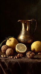 Moody still life of half-peeled citrus fruits, cracked walnuts, and a golden pitcher, strong Rembrandt-style