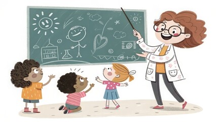 Enthusiastic teacher guides curious children in fun science lesson at blackboard with drawings