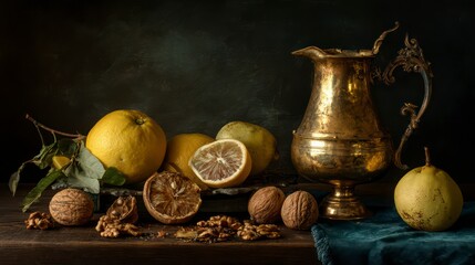 Moody still life of half-peeled citrus fruits, cracked walnuts, and a golden pitcher, strong Rembrandt-style