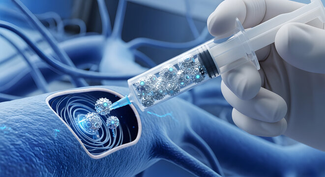 A close-up of a hand holding a syringe injecting a blue substance into a cell. The background features abstract blue lines and shapes, representing biotechnology.