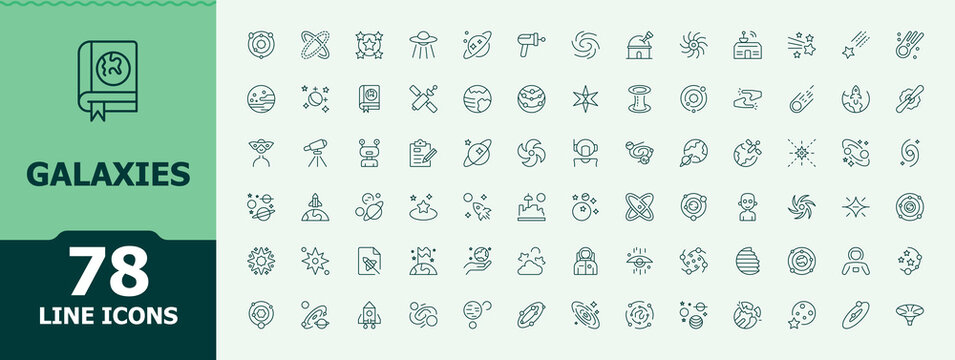 Galaxies line icon set. Containing space, universe, astronomy, telescope, star, moon and more. Science icon set. Trendy minimal icons. Editable stroke.