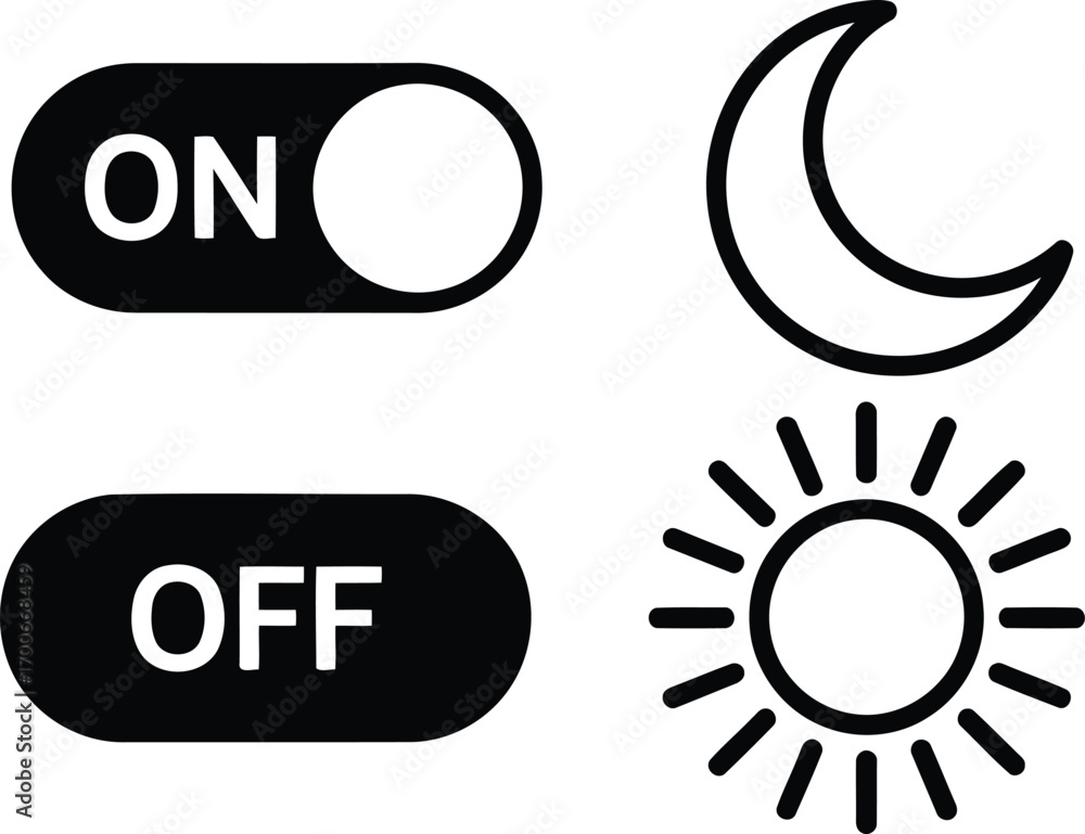 Fototapete Toggle Switches with Sun and Moon Icons Representing Day and Night Mode Functionality for User Interface Design in Black and White