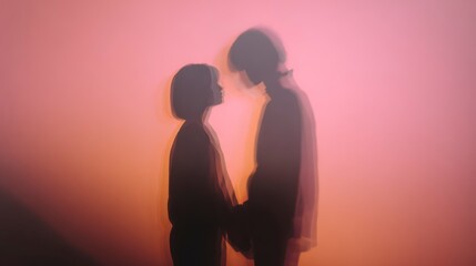 Silhouette of two people standing close, hands almost touching, projected on a pastel pink wall
