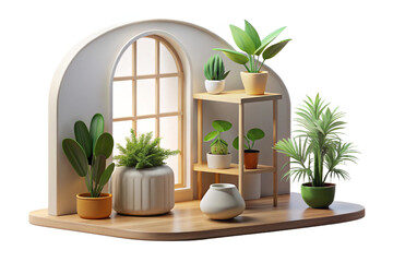 Indoor Plants and White Flowers on Wooden Shelf on transparent background- 3D rendering