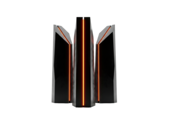 Three colossal, sleek black monoliths with angular, sharp edges and brilliant orange internal illumination, isolated on a transparent infinity cyclorama background. Concept of futuristic mystery