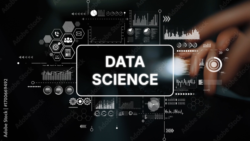 Poster data science concept with graphs and charts representing analytics and statistics in modern technolo