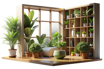 Indoor Plants and White Flowers on Wooden Shelf on transparent background- 3D rendering