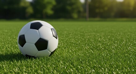 Fototapeta premium A soccer ball rests on a vibrant green field, bathed in natural light.