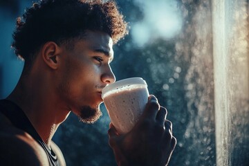 Sportsman consuming personalized nutrition shake for strength