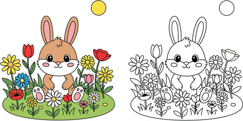 Adorable Easter Bunny in a Spring Flower Garden - Coloring Book Page with Example