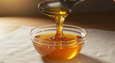 Honey pouring into glass bowl