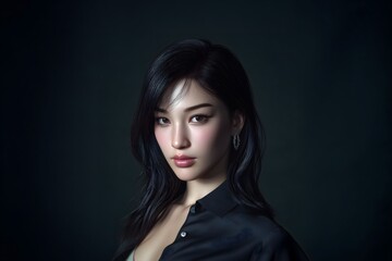 Fototapeta premium Hyperrealistic extreme closeup of woman with flawless porcelain skin and shoulder length black hair