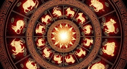 A circular zodiac wheel featuring twelve animal symbols in a decorative pattern. The center radiates light, surrounded by intricate designs.