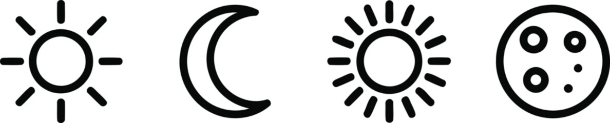 Stylized Icons of Celestial Bodies Showcasing Sun Moon and Lunar Surface Depicting Day Night and Exploration in Minimalist Black and White