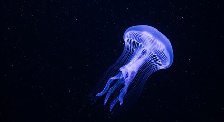 An otherworldly jellyfish gracefully navigating the dark depths of the ocean at night