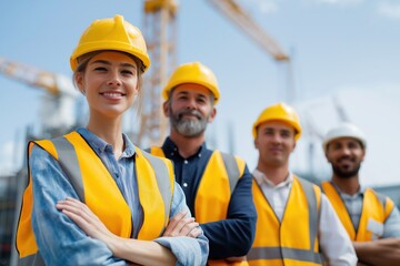 Diverse construction team in safety gear at building site with cranes