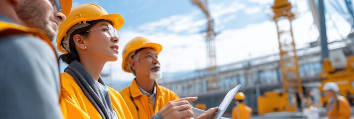 Asian female engineer and colleagues analyzing construction site with digital tablet