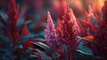 Beautiful close-up shows amaranth plants with striking red flowers and lush leaves during daytime in the natural garden