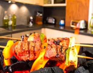 Grilled skewers of meat and peppers over hot coals in a modern kitchen