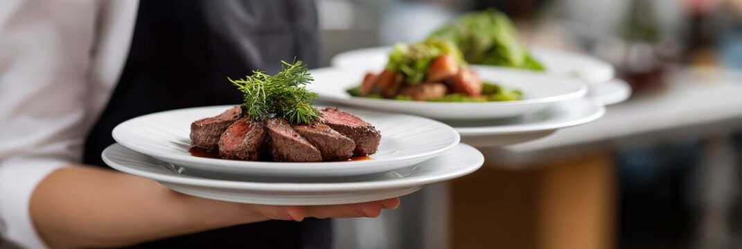 Delicious grilled beef dish served by caucasian female waitstaff in restaurant setting