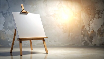 Wooden artist easel with a blank white canvas in an empty studio room with a spotlight.