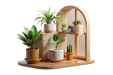 Indoor Plants and White Flowers on Wooden Shelf on transparent background- 3D rendering