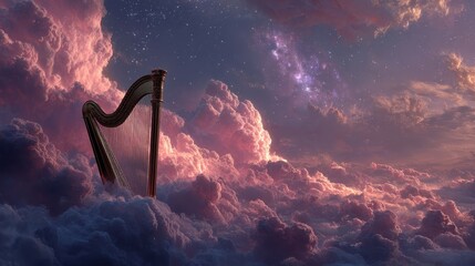 Elegant harp floating in fluffy pink clouds against a twilight sky filled with stars and a glowing galaxy in the background
