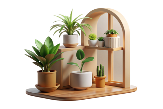 Indoor Plants and White Flowers on Wooden Shelf on transparent background- 3D rendering