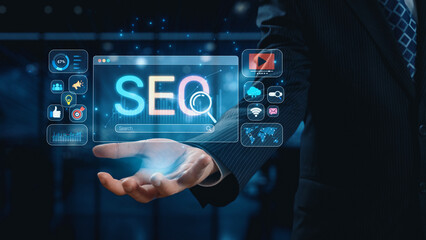 SEO concept for improving SEO visibility, with SEO related digital tools and SEO performance icons...