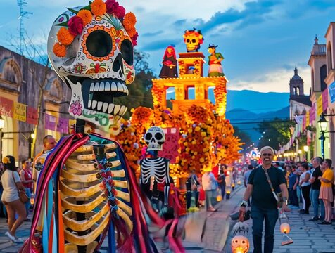 Festive Day of the Dead parade with colorful catrina costumes and marigold adornments in a vibrant mexican town square