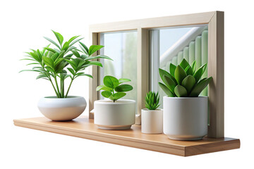 Indoor Plants and White Flowers on Wooden Shelf on transparent background- 3D rendering