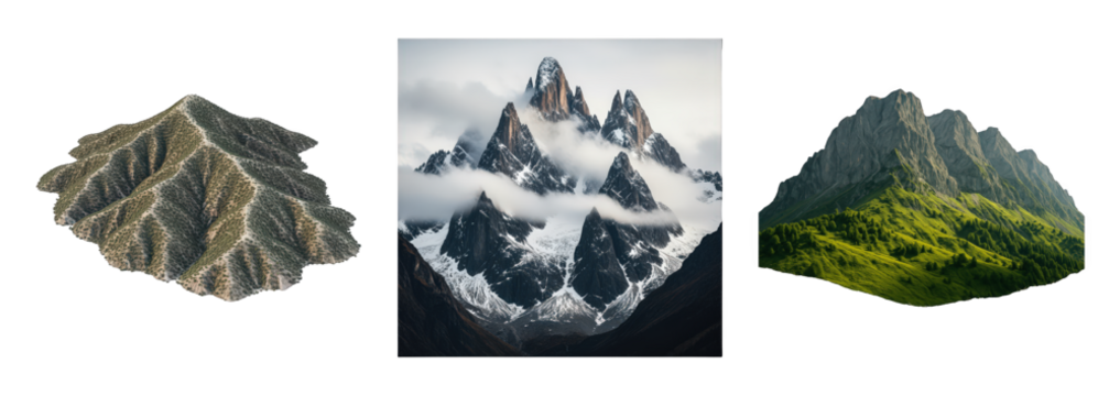 Diverse mountain landscape set including arid hills, snowy peaks, and lush green slopes isolated. Nature and environment elements.