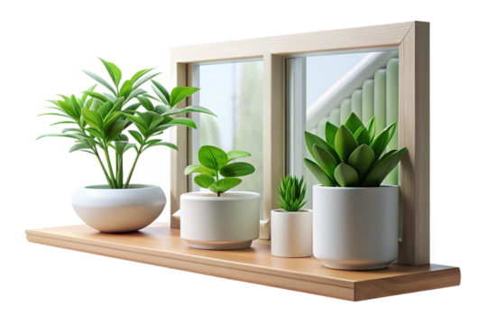 Indoor Plants and White Flowers on Wooden Shelf on transparent background- 3D rendering