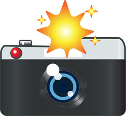 Camera with flash icon vector illustration, photo camera emoji style, photography symbol
