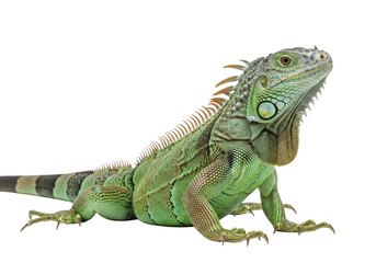 Obraz premium Vibrant emerald green iguana in alert posture with mottled scales on a transparent background with copy space, diffused lighting. Concept of natural camouflage