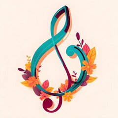 Colorful treble clef with floral decorations, abstract musical symbol with autumn leaves and vibrant flowers, modern music art design on light background
