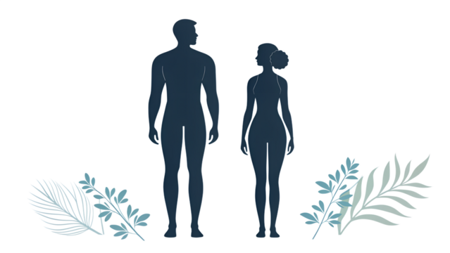 Silhouette illustration of a tall man and short woman standing side by side, symbolizing friendship, partnership, and height comparison in a simple modern vector art style.