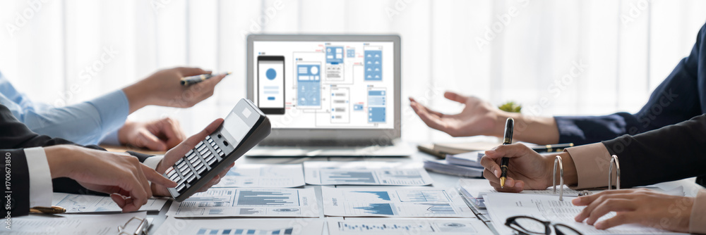 Poster business intelligence and data analysis concept. analyst team working on financial data analysis das