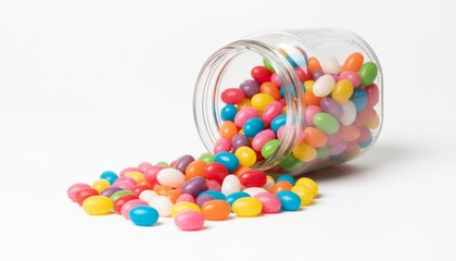 Close-up of a glass jar filled with colorful jelly beans spilling onto a clean white background, sharp focus, bright studio lighting